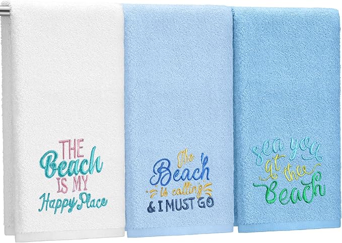 3 Pack Coastal Hand Towels for Bathroom 100% Cotton Embroidered Bathroom Towels 13.78 x 29.53 Inch Hand Towels Soft Absorbent Cotton Towel(Blue Series,Beach)