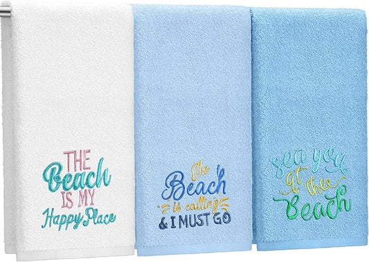 3 Pack Coastal Hand Towels for Bathroom 100% Cotton Embroidered Bathroom Towels 13.78 x 29.53 Inch Hand Towels Soft Absorbent Cotton Towel(Blue Series,Beach)