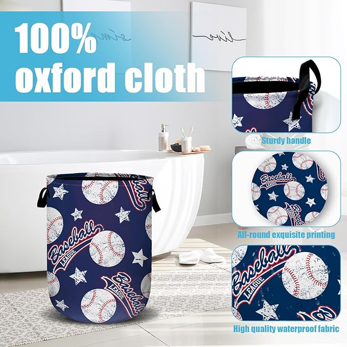 Baseballs and Stars Laundry Basket, Laundry Hamper Collapsible Oxford Cloth with Handle Clothes Toy Storage Bin for Bathroom Laundry Room Bedroom 15.7 X 20 Inch