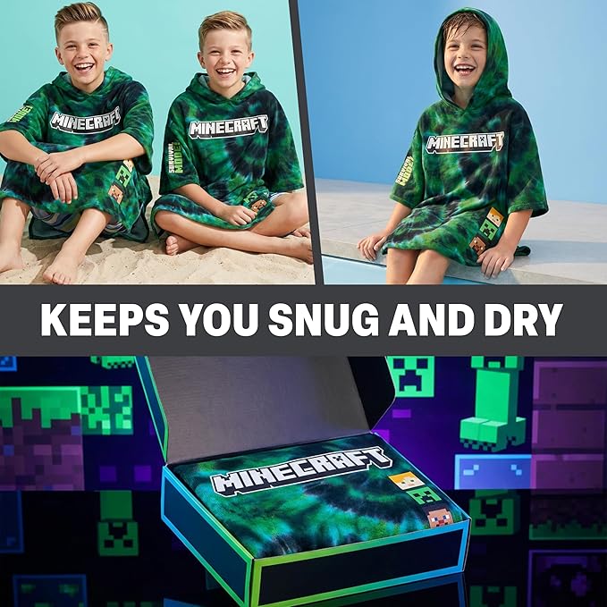 Minecraft Towelling Poncho Kids Teens Hooded Bath Towels Absorbent Beach Towel (Multi Tie Dye, 10-13 Years)