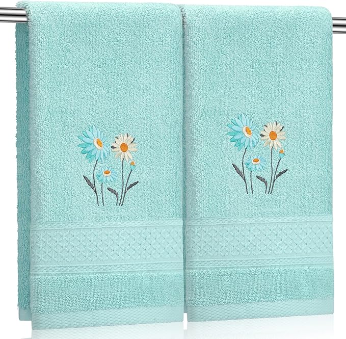 2 Pcs Daisy Hand Towels Teal Flower Bathroom Decor 14x29 Inch Embroidered 100% Cotton Soft Absorbent Spring Summer Decorative Daisy Hand Towels for Bathroom Kitchen