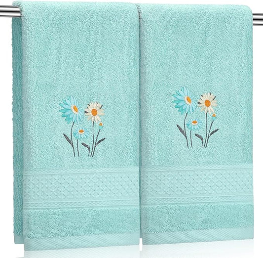 2 Pcs Daisy Hand Towels Teal Flower Bathroom Decor 14x29 Inch Embroidered 100% Cotton Soft Absorbent Spring Summer Decorative Daisy Hand Towels for Bathroom Kitchen