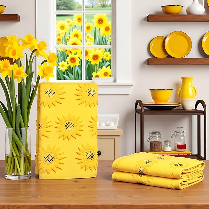 2pcs Sunflower Hand Towels for Bathroom Decorative Towels Set 100% Cotton Yellow Jacquard Spring Summer Floral Bath Towels Dish Kitchen Towels Kitchen Bathroom Decor Gift (Sunflower Yellow)