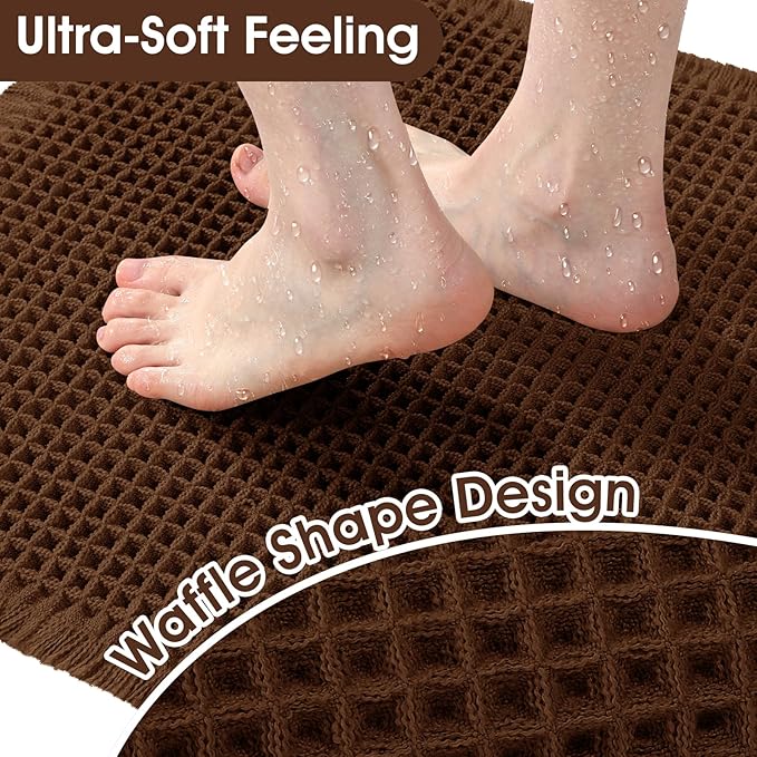 Accumtek Extra Large Waffle Bath Mat, 5'x2' Brown, Super Absorbent Non-Slip Quick Dry Bathroom Rugs with Tassels, Machine Washable Ultra Soft Boho Bath Rugs for Floor, Toilet Mats Boho Farmhouse Decor