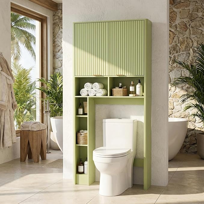 31" W Over The Toilet Storage Cabinet with Fluted Door, Green Bathroom Organizer with Adjustable Shelf, 67''H Tall Natural Toilet Paper Holder Stand Wave Door for Restroom, Laundry Room