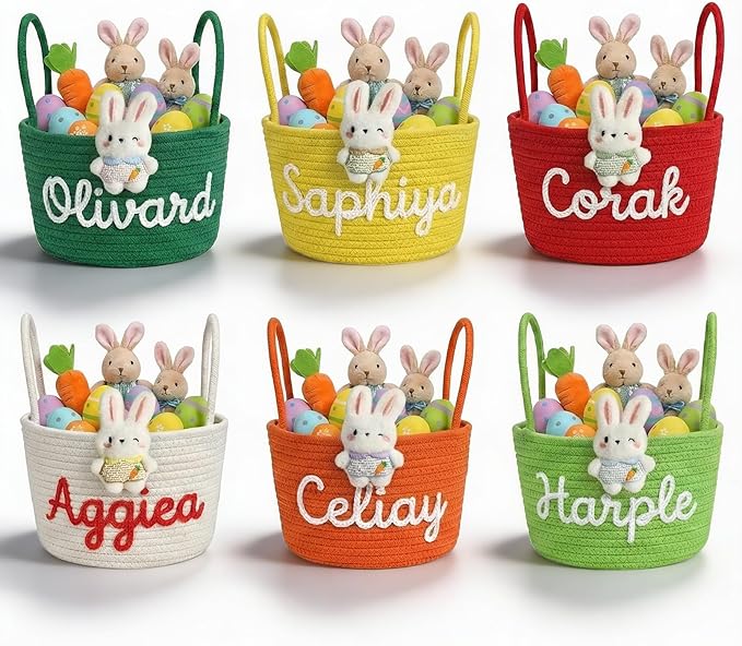 Personalized Easter Basket for Kids with Name - Custom Cute Embroidery Easter Bunny Rope Basket for Boys Girls, Easter Egg Hunt Basket (Two Handles+7 Colors)