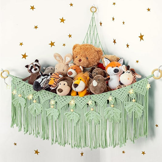 ANROYE Macrame Stuffed Animal Storage with Star Light, Bear Green Hammock for Girls Room Decor, Corner Hanging Mesh Organizer Idea for Nursery, Plushies Toy Wall Hanging Display Holder Kid Boy Gift
