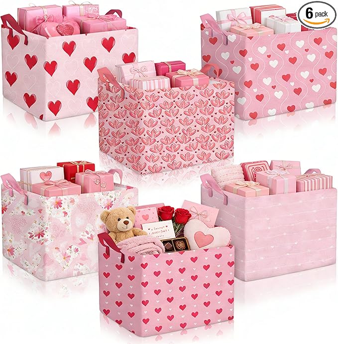 Youyole 6 Pcs Galentine's Day Gifts Basket Set Valentine's Day Storage Bins Pink Heart Empty Gifts Basket Organizer with Love Pattern Valentine Decorative Container Box with Handle for Closet Shelf