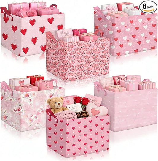 Youyole 6 Pcs Galentine's Day Gifts Basket Set Valentine's Day Storage Bins Pink Heart Empty Gifts Basket Organizer with Love Pattern Valentine Decorative Container Box with Handle for Closet Shelf
