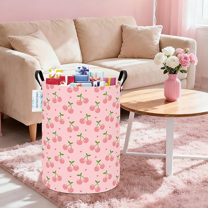 LANGYASHAN Laundry Basket Canvas Fabric Collapsible Organizer Basket for Storage Bin Toy Bins Gift Baskets Bedroom Clothes Children Nursery Hamper (Pink Cherry)