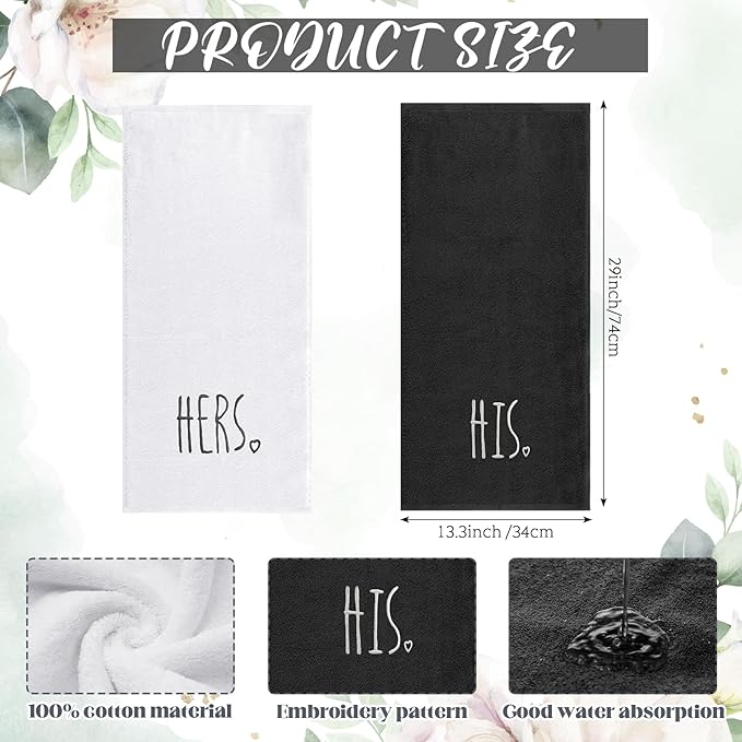 2 Pcs His and Hers Hand Towels 100% Cotton Embroidered Bathroom Towel Wedding Valentine's Day Gift for Couple, Anniversary Bathroom Decor 29 x 13 Inch