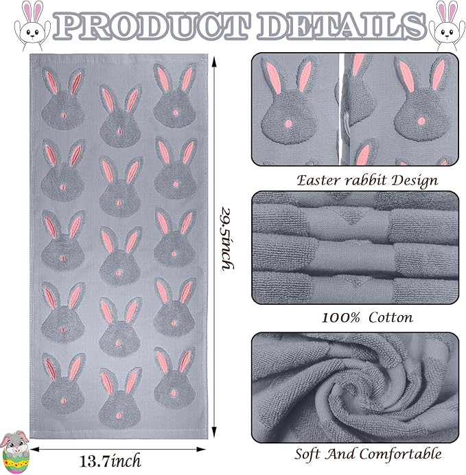 2pcs Easter Bunny Hand Towels Set 100% Cotton Soft Absorbent Spring Bathroom Hand Towels 14x29 Inch Cute Jacquard Easter Kitchen Decor Towels Holiday Kitchen Bathroom Decor Gift(Grey)