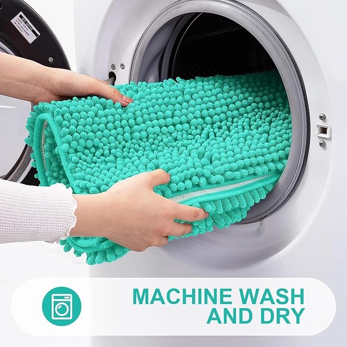 Grandaily Chenille Striped Bathroom Rugs 59x24, Extra Thick and Absorbent Bath Mats, Non-Slip Soft Plush Shaggy Shower Carpet, Machine Wash Dry, Bath Rug for Bathroom, Teal