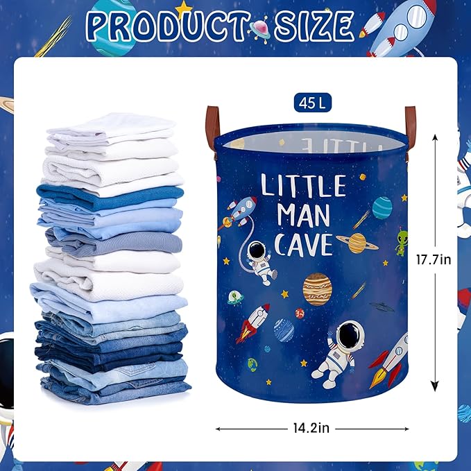 Space Themed Bedroom Decor Baby Laundry Hamper,Kid Laundry Basket for Boys Room,Astronaut Rockets Nursery Decor Storage Toy Bin, Lightweight Dirty Clothes Organizer Box (Blue Space)