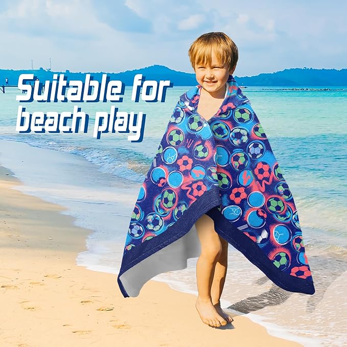 Hooded Towels for Kids -Toddler Beach Towel- Super Absorbent & Quick Dry 100% Cotton 35x60 Inch - to Kid Ages 3-12-Soccer Pattern Design