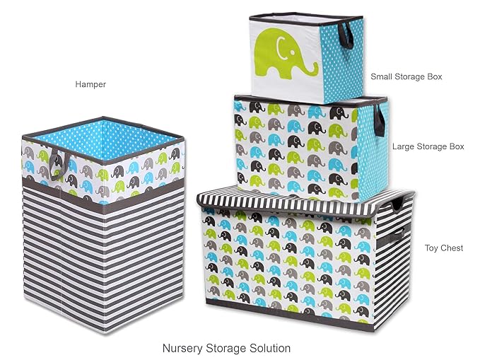 Bacati - Small Storage Tote Elephants Aqua/Lime/Grey 10 X 10 X 10 inches