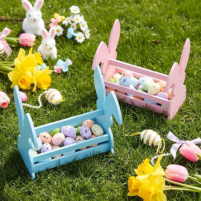 Yookeer 2 Pcs Wood Bunny Easter Baskets with Handle, Cute Easter Rabbit Candy Eggs Basket Empty Hunt Container Storage for Gifts, Pink and Blue