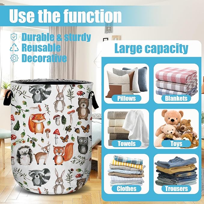 Cute Woodland Animal Laundry Basket, Laundry Hamper Collapsible Oxford Cloth with Handle Clothes Toy Storage Bin for Bathroom Laundry Room Bedroom 15.7 X 20 Inch
