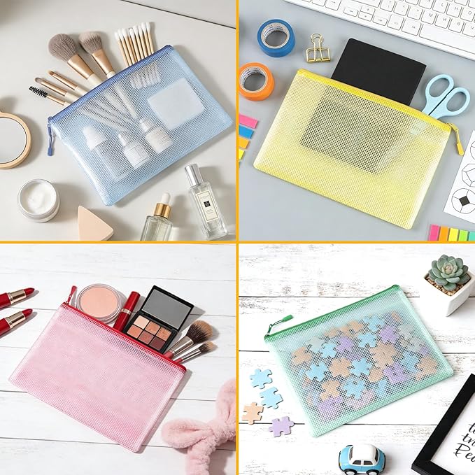 24pcs Mesh Zipper Pouch Bags A4 Zipper Bags for Classroom Organization, Waterproof Document Zipper Pouches for Cosmetics, Travel Storage File Bags for Office Supplie