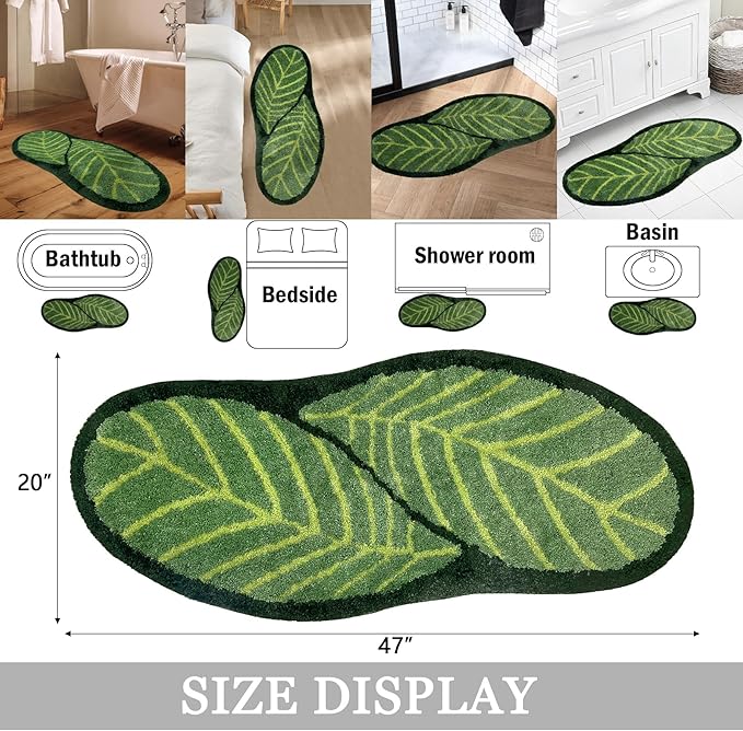 Green Bathroom Runner Rug - Leaf Long Bath Mat Plant Bathroom Rugs Non Slip Washable Spring Rug for Bath Room, Bedroom, Waterbasin, Bathtub Decor, Cute Bathmat Floor Carpet 20" x 47"