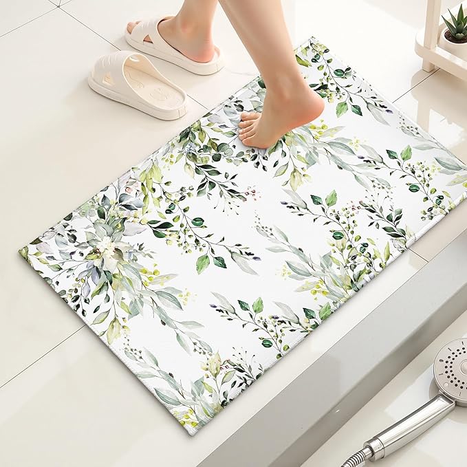 Green Eucalyptus Bath Rug Sage Leaves Bathroom Mat Soft Plush Carpet 20"x32" Non Slip Washable Doormat for Entryway Living Room Shower Tub
