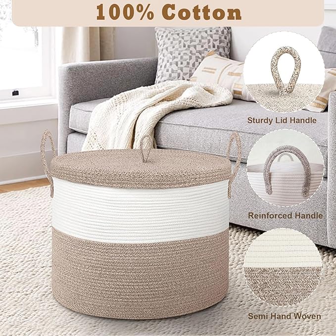 21" x 18" Extra Large storage baskets,Decorative blanket basket with lid for Living room,rope baskets with lid,wicker hamper for bedroom,Big,Round,White & Brown 115L