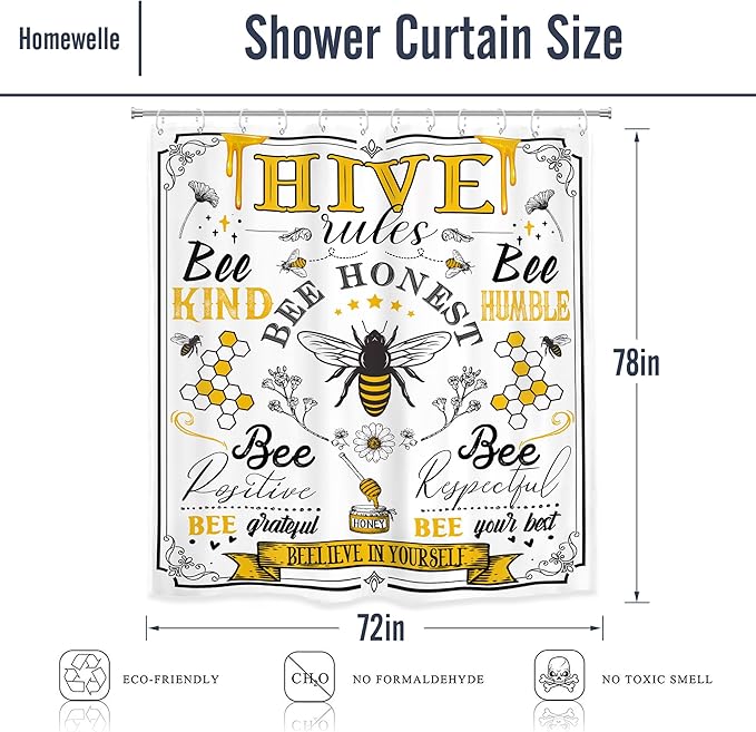 Homewelle Black Yellow Bee Quotes Shower Curtain Long Rustic Inspirational Motivational Words Retro Floral Daisy Honeycomb 72Wx78H Inch Farmhouse Vintage Waterproof Polyester Fabric Bathroom Bathtub