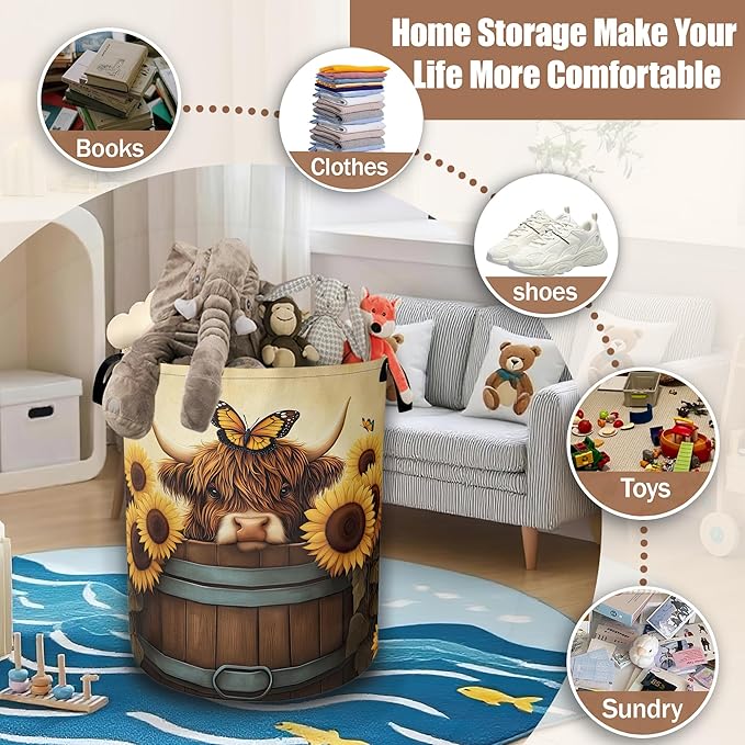 Highland Cow Laundry Hamper,Sunflower Butterflies Collapsible Laundry Baskets Waterproof Oxford Cloth With Handles,Clothes Storage Bucket Toy Organizer For Bathroom/Nursery/Bedroom 16" x 20.8"