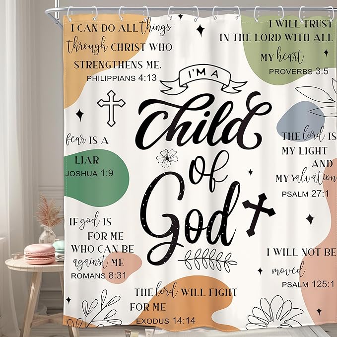 Homewelle Bible Verse Christian Shower Curtain Abstract Boho Inspirational Quotes Mid Century Minimalist Geometric Scripture Plant 72Wx72H Inch Simple Waterproof Polyester Fabric Bathroom Bathtub