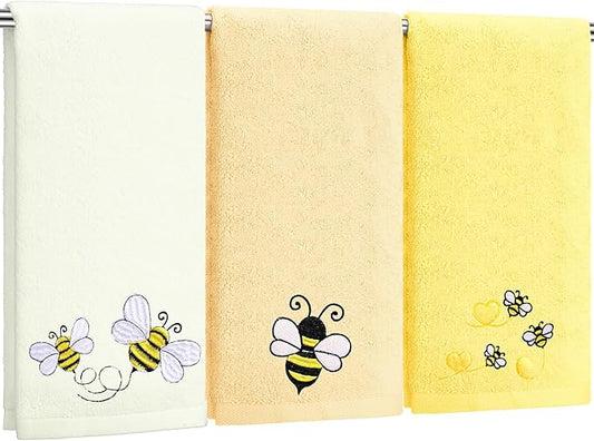 3 Pack Bee Towels 13.4 x 29.2 Inch Cotton Embroidered Summer Cute Bee Bathroom Towel Absorbent Dish Tea Towels for Kitchen Decor