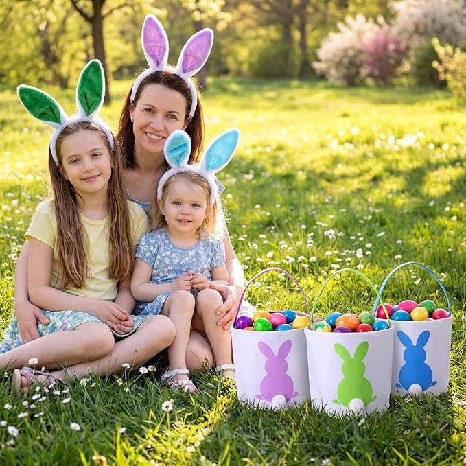 Domensi 4 Pcs Bunny Easter Basket Bags with 4 Plush Bunny Headband for Kids Adults Small Canvas Easter Baskets Bulk for Egg Hunt Favor; 9 x 9.45 Inches
