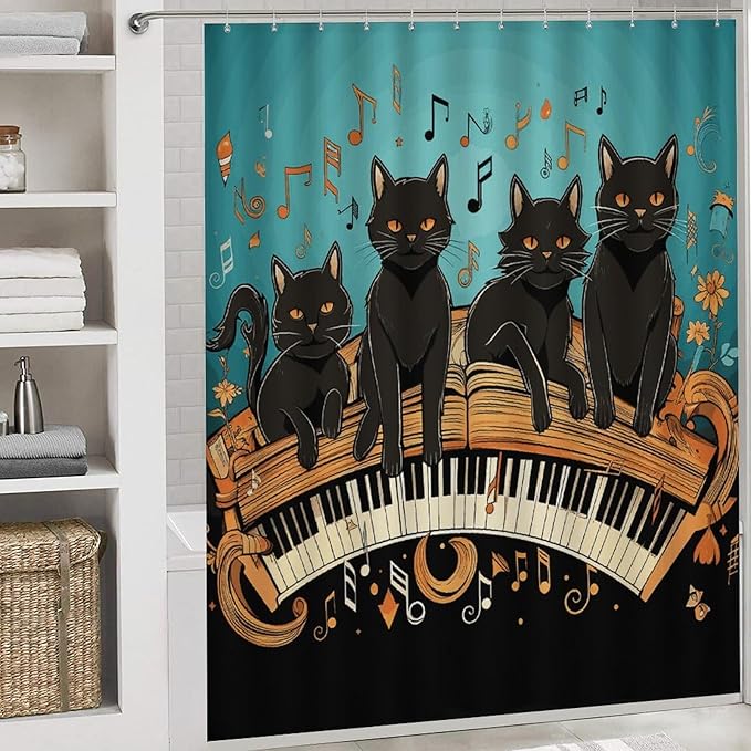 4-piece Bathroom Set with Waterproof Shower Curtain, Non-slip Absorbent Rug,Four Black Cats Lying on The Piano Keyboardprinting And Toilet Seat Cover - Bathroom Accessories And Decor for Modern Homes,