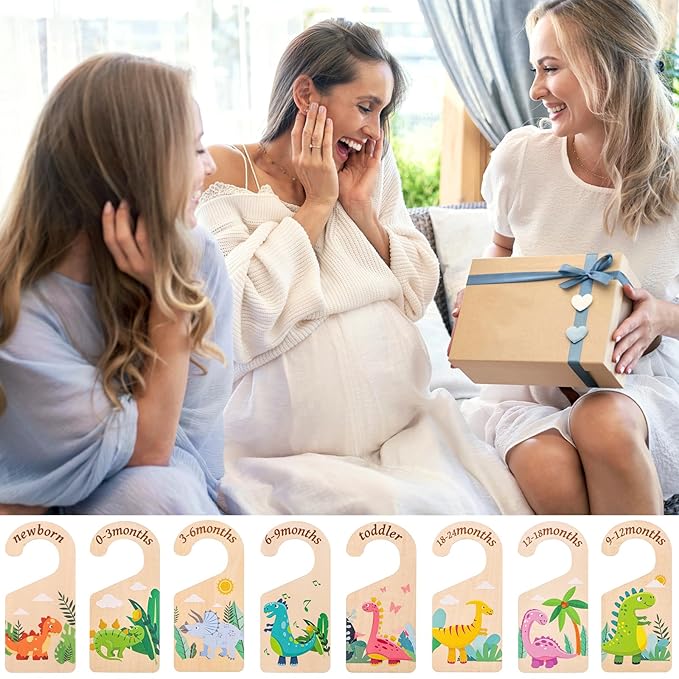 8pcs Baby Closet Dividers, Wooden Dinosaur Theme Baby Closet Size Dividers Baby Closet Organizer Baby Clothing Hanger Dividers from Newborn to Toddler for Baby Girls Boys