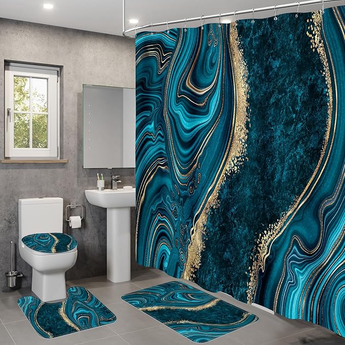 4PCS Teal Blue Gold Marble Shower Curtain Sets with Rugs, Abstract Bathroom Sets with Shower Curtain and Rugs, Modern Bathroom Curtains Shower Set with Accessories for Bathroom Decor