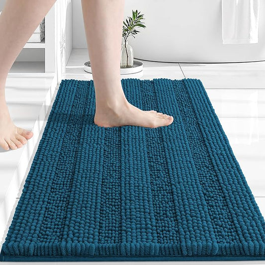 Grandaily Chenille Striped Bathroom Rugs 30x20, Extra Thick and Absorbent Bath Mats, Non-Slip Soft Plush Shaggy Shower Carpet, Machine Wash Dry, Bath Rug for Bathroom, (Medium, Peacock Blue)