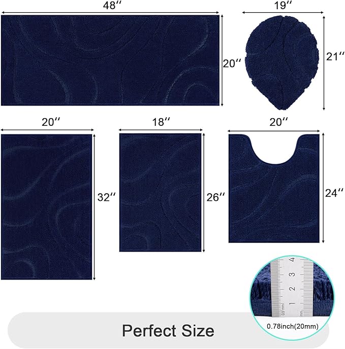 HEBE Bathroom Rugs Sets 5 Piece, Soft Absorbent Microfiber Bath Mat for Bathroom, Non Slip Washable Bath Rug Set with Toilet Cover, Bath Runner and U-Shaped Contour Toilet Rug, Navy Blue