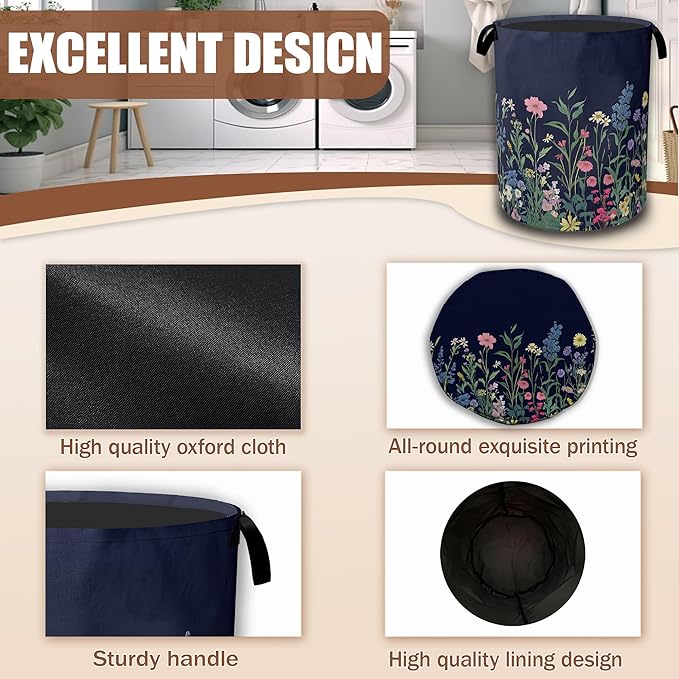 Weeds Laundry Basket,Herbs and Wild Flowers Laundry Hamper Waterproof Oxford Cloth Tote Collapsible,Clothes Storage Bucket Decorative Toy Organizer For Bathroom Bedroom 16" x 20.8"