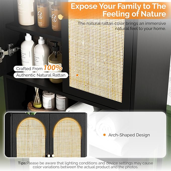 VINGLI Over The Toilet Storage Cabinet, Black Rattan Bathroom Organizer Over Toilet with Adjustable Shelf, Freestanding Space Saver Stand with Soft-Close Doors for Restroom Laundry, Boho Modern