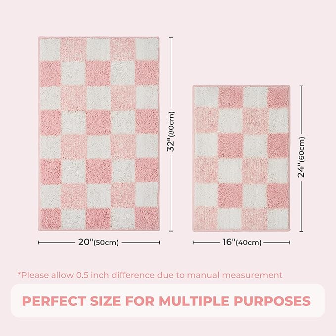 GRANNY SAYS Checkered Pink Bathroom Rugs Decor,32" x 20",Fluffy Rug, Absorbent Microfiber Ultra Soft Bath Mat Washable, Non-Slip Bath Mats for Bathroom, Cute Floor Mat for Tub, Shower, Bedroom