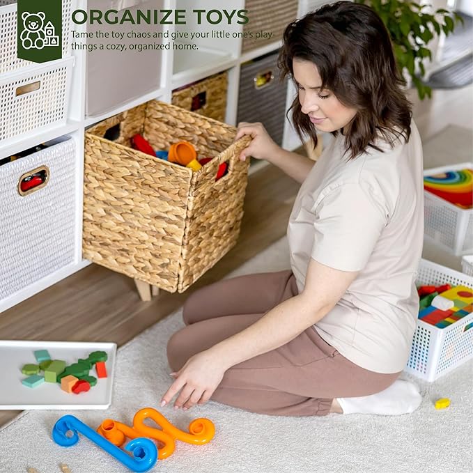 10.5x10.5in Wicker Storage Baskets, Handwoven Water Hyacinth Foldable Cube Bins for 11.5" × 11.5" and Larger Cube Shelves, Set of 4 (Natural)