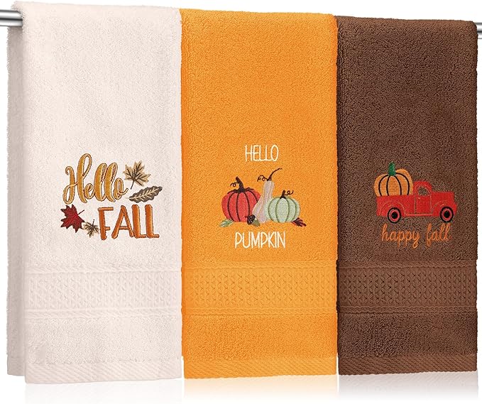 3 Pcs Fall Pumpkin Hand Towels for Bathroom Embroidered Bathroom Towels Farmhouse Decorative 13.78 x 29.53 Inch Absorbent Soft Cotton for Kitchen Dish Fast Drying Decor