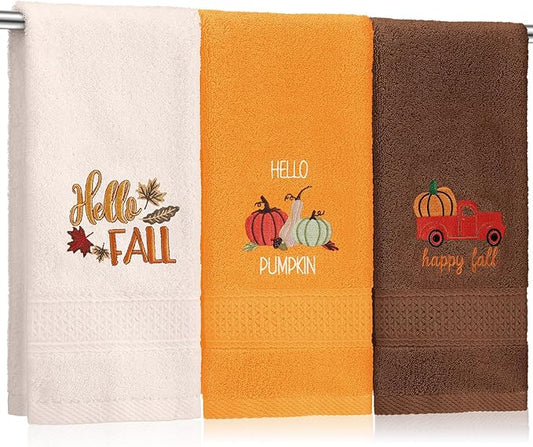 3 Pcs Fall Pumpkin Hand Towels for Bathroom Embroidered Bathroom Towels Farmhouse Decorative 13.78 x 29.53 Inch Absorbent Soft Cotton for Kitchen Dish Fast Drying Decor