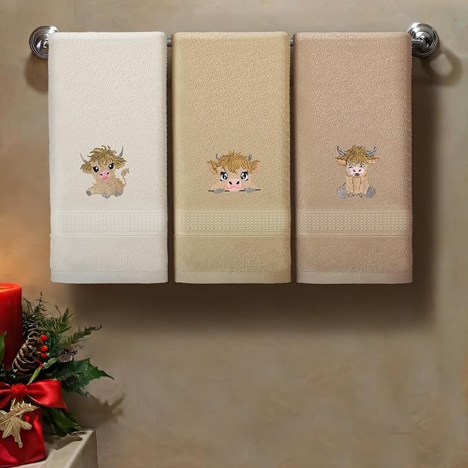 3 Pcs Mini Baby Highland Cow Hand Towels for Bathroom Kitchen Decor, Beige Embroidered Cow Soft Absorbent Decorative Towels Set Christmas Home Decor Gift, 100% Cotton, 13.3 x 29.5''
