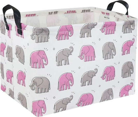 Elephant Baby Storage Bin Pink Elephant Decor for Girls Room Toy Shelf Gift Basket (Rectangular Shape, Handles for Easy Carry)
