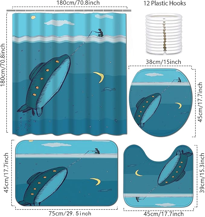 4Pcs Kids Shower Curtain Sets,Submarine Adventure Boy Bathroom Sets with Waterproof Shower Curtain,Memory Rugs,Non-Slip Rug,Toilet Lid Cover Bath Mat,Bathroom Décor for Kids