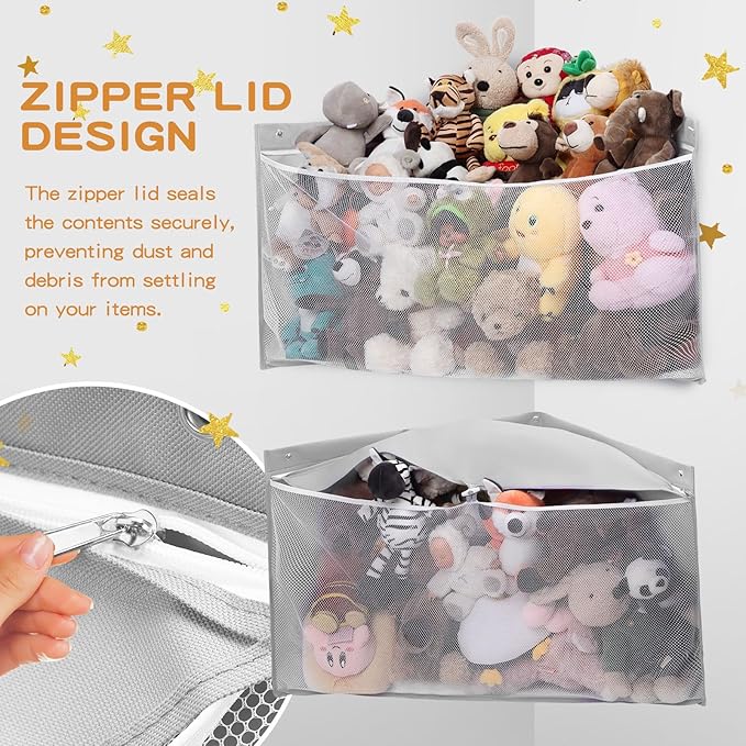 ANROYE 2PCS Large Corner Stuffed Animal Storage, Kids Plushies Toy Grey Wall Hammock for Girls Room, Baby Squishmallow Holder for Nursery, Organizer Idea for Bear Hanging Display Boy Gift