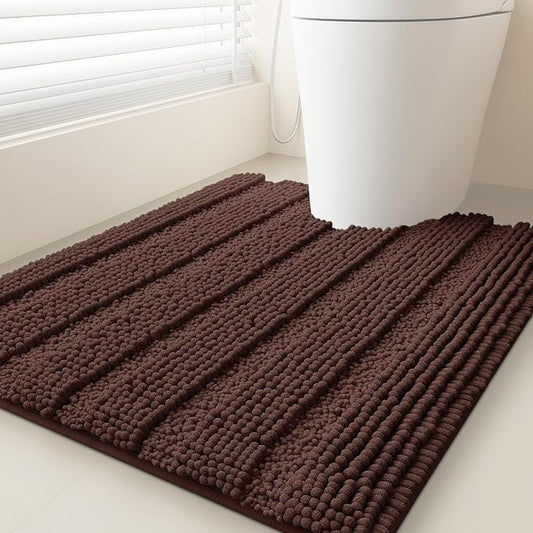 ACCUMTEK Striped Brown Toilet Bathroom Rug Mat 24" x 20" Contour Rug Ultra Soft, Non Slip Chenille Bath Rugs, Absorbent Plush Shaggy Bath Mats for Bathroom, Bedroom, Kitchen, Shower, Tub