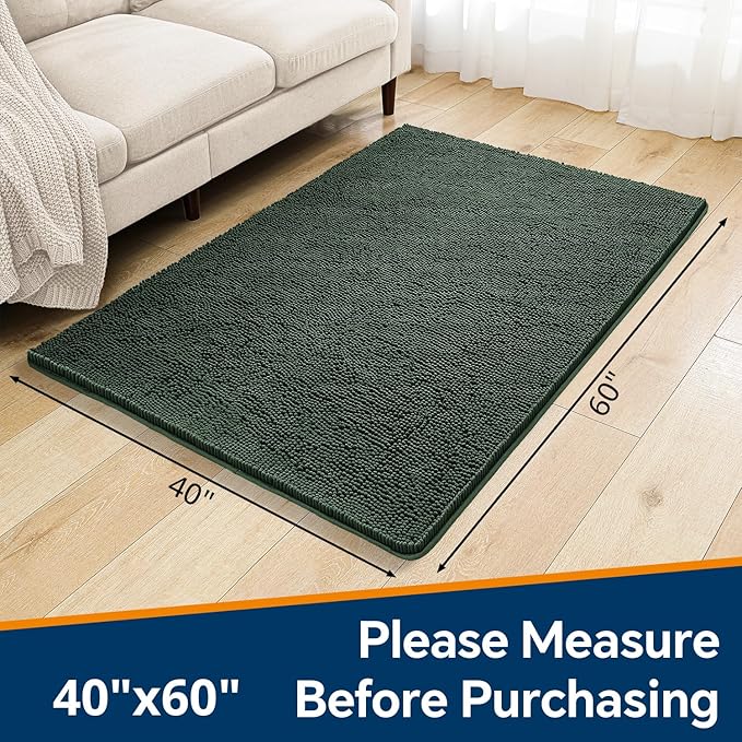 Hunter Green Bathroom Rugs 40"x60" - Large Plush Chenille Non-Slip Runner Bath Mat - Absorbent, Washable, Soft Decor for Shower, Sink, Tub, Floor, Home Accessories
