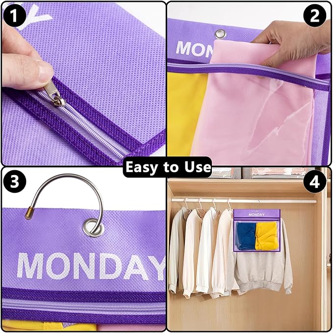 7 Pcs Weekly Travel Organizer Pouches Day of Week Clothing Packing Cubes Monday to Sunday School Clothes Organizer for Kids (Purple)