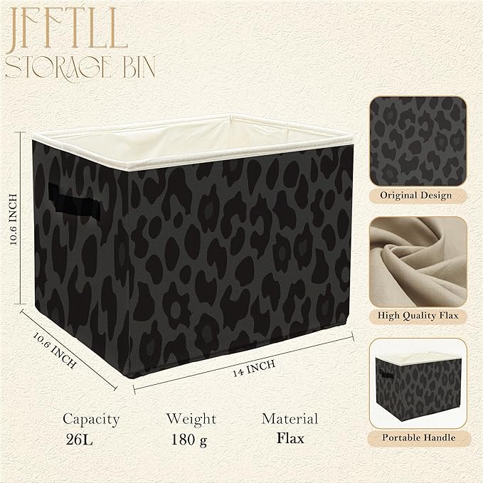 Black Leopard Print Storage Bins with Handles, Cheetah Print Room Decor, Trendy Leopard Collapsible Laundry Basket Storage Box for Home Bedroom Bathroom Clothes Toys Books